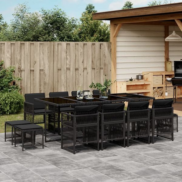 vidaXL 13-tlg. Garten-Essgruppe mit Kissen Schwarz Poly Rattan, 3210979