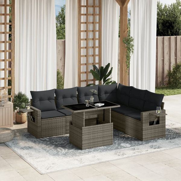 vidaXL 7-teilig Garten-Sofagarnitur mit Kissen Grau Poly Rattan, 3267930