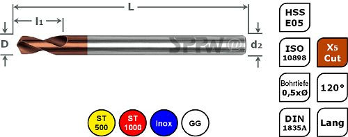 SPPW NC-Anbohrer HSS-E05+X5.Cut 120° ISO Lang L: 140x20 - Ø6,0, 1235870600