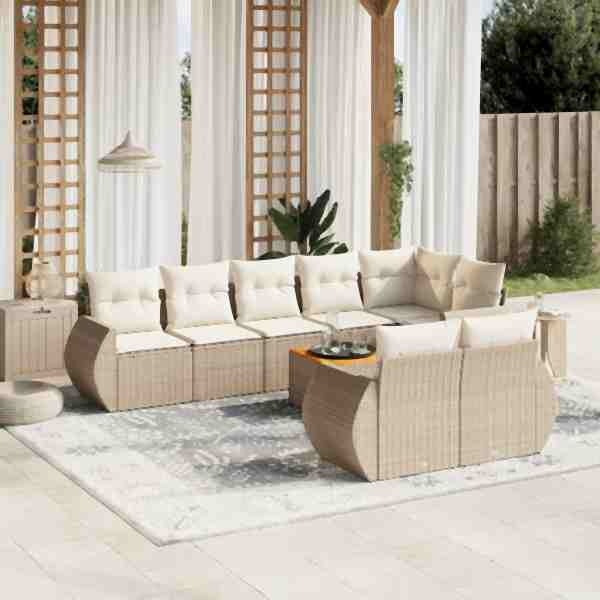 vidaXL 9-tlg. Garten-Sofagarnitur mit Kissen Beige Poly Rattan, UV-beständig, 3225092