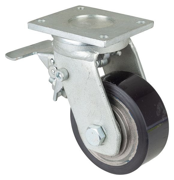 BS Rollen Schwerlastrolle mit Rad-/Feststeller, Breite 40 mm, Ø100 mm, bis 290 kg, Guss-Polyurethan 78 Shore A, Körper Guss, Kugellager, RR120.C11.101