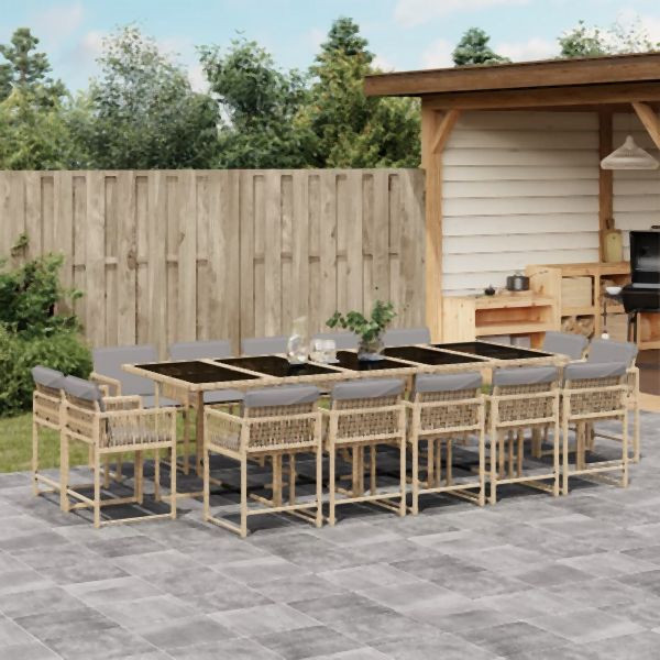 vidaXL 15-tlg. Garten-Essgruppe mit Kissen Beigemischung Poly Rattan, 3211596