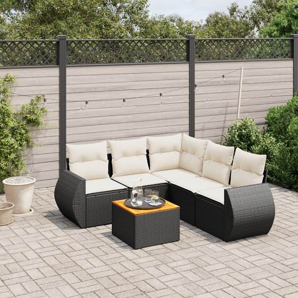 vidaXL 6-tlg. Garten-Sofagarnitur mit Kissen Schwarz Poly Rattan, UV-beständig, 3257330