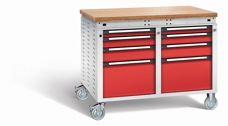 Otto Kind Werkbank Serie function Typ 254 fahrbar, Multiplexplatte 40 mm, bündig, 2x Unterbau, Gehäuse RAL 7035, Front RAL 3000, 072385134