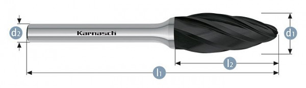Karnasch Hartmetall-Frässtift Black-Tec beschichtet Flamme/ HP-7 d1=12 / l2=32 / d2=6 / l1=77mm, 115075025