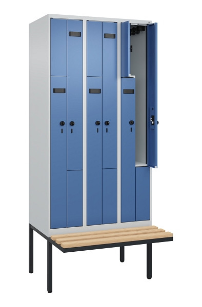 C+P Z-Spind Evolo PLUS, Bank, 6 Fächer, 2120x900x815mm, 7035/5023, Drehriegel, Sitzfläche Holz, 0490437-306 S10020