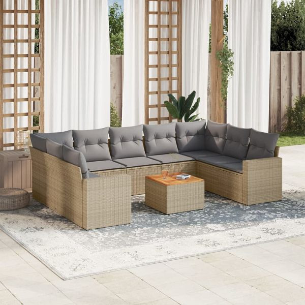 vidaXL 10-teilig Garten-Sofagarnitur mit Kissen Beige Poly Rattan, 3224267