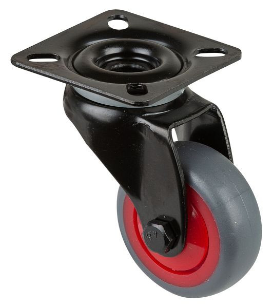 BS Rollen Lenkrolle schwarz, thermoplastisches Gummirad grau, Felge rot, Kugellager, Platte, Durchmesser: 50 mm, VE: 8 Stück, A800.A85.050.03