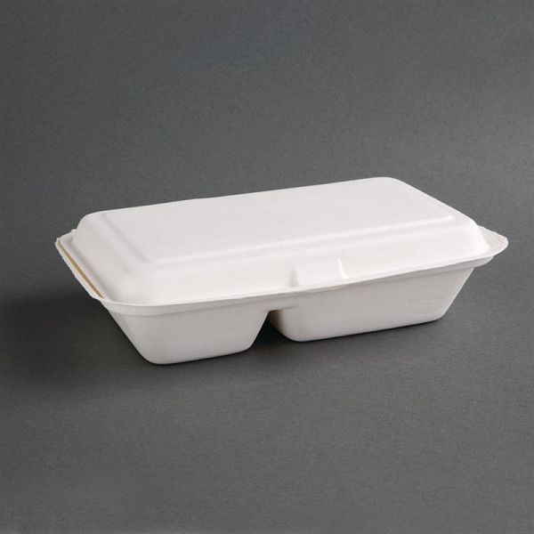 Fiesta Compostable kompostierbare Menüboxen aus Bagasse mit Klappdeckel weiß 2-geteilt (200 Stück), FC524