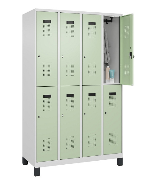 C+P Doppelstöckiger Spind Evolo PLUS, mit Füßen, 8 Fächer, 1950x1200x500mm, 901, Frontfarbe RAL 6019 Weissgrün, Zylinderschloss, 049310-40 S10046