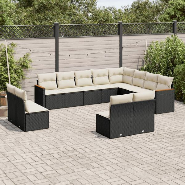 vidaXL 12-tlg. Garten-Sofagarnitur mit Kissen Schwarz Poly Rattan, 3258871