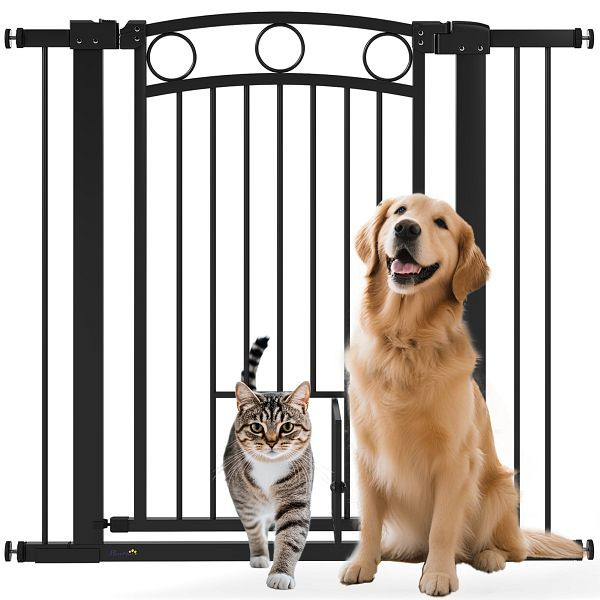 PawHut Haustiertor, 96 cm Treppengatter, verstellbare Breite 76-104 cm, mit Katzentür, für Treppen und Türöffnungen, Schwarz, D06-242V11BK