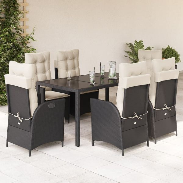 vidaXL 7-teilig Garten-Essgruppe mit Kissen Schwarz Poly Rattan, 3213062