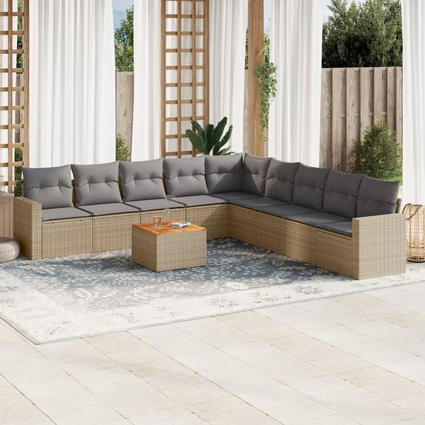 vidaXL 10-tlg. Garten-Sofagarnitur mit Kissen Beige Poly Rattan, 3224169