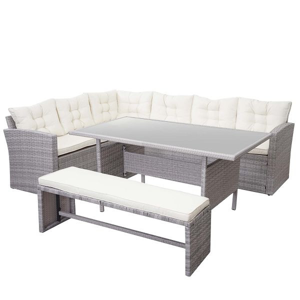 Mendler Poly-Rattan-Garnitur HWC-A29, Gartengarnitur Sitzgruppe Lounge-Esstisch-Set Sofa, hellgrau, Kissen creme + Bank, 64384+64385