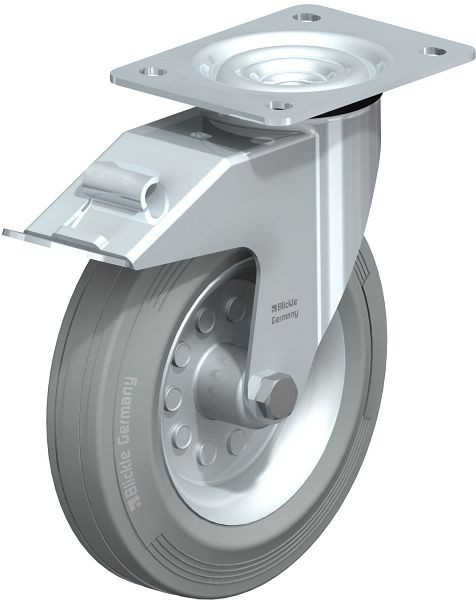 Blickle LE-VE 200R-FI-SG Stahlblech-Lenkrolle mit Anschraubplatte & Feststeller, Vollgummi, Grau, 520213