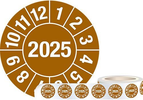DENIOS Prüfplakette "2025", braun, Folie, selbstklebend, 30 mm, VE: 1 Rolle à 1000 Stück, 290142