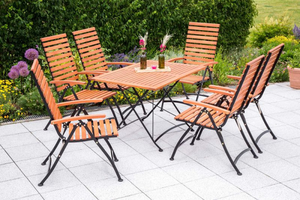 Merxx Schlossgarten Set 7-teilig, 6 Schlossgarten Klappsessel, 1 Schlossgarten Klapptisch, 120 x 80 cm, Flachstahl mit FSC Eukalyptusbelattung, 50146-217