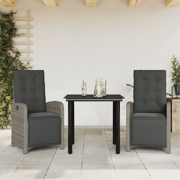 vidaXL 3-teilig Bistro-Set mit Kissen Grau Poly Rattan, 3212563