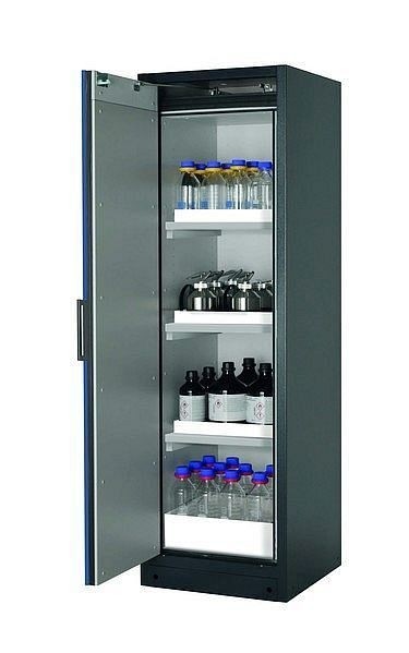 asecos Sicherheitsschrank Q-CLASSIC-90, Q90.195.060 in enzianblau RAL 5010 mit 3x Wannenboden Standard (Polypropylen), 30072-047-30086