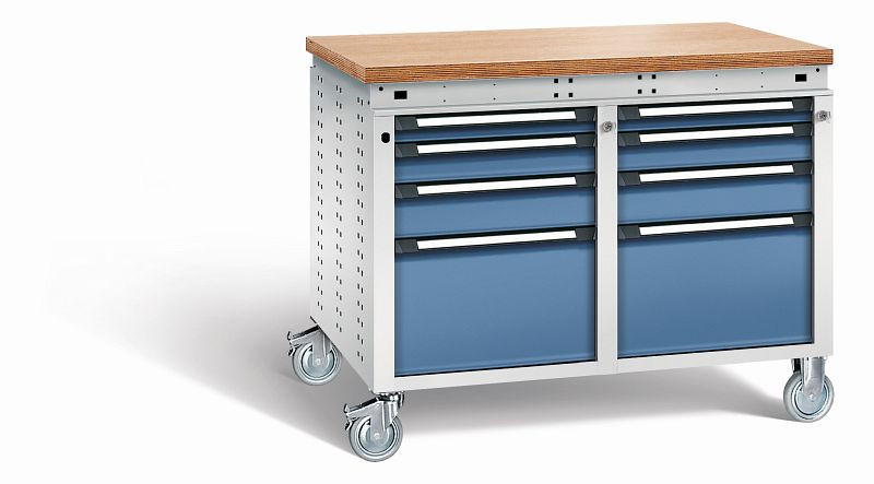 Otto Kind Werkbank Serie function Typ 254 fahrbar, Multiplexplatte 40 mm, bündig, 2x Unterbau, Gehäuse RAL 7035, Front RAL 5023, 072385164