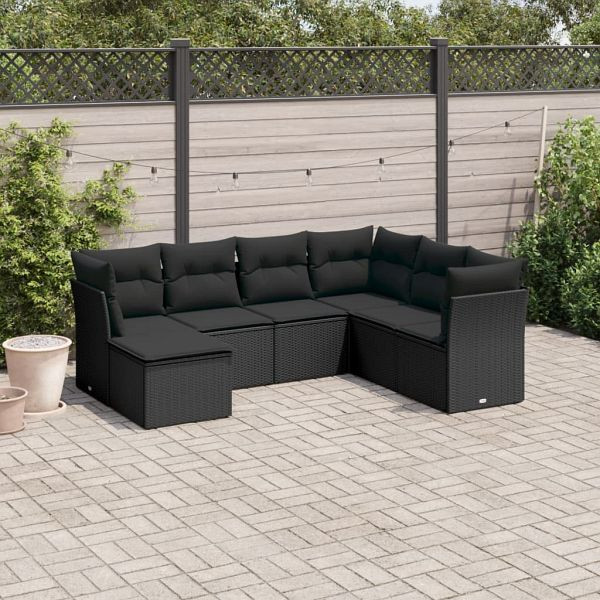 vidaXL 7-teilig Garten-Sofagarnitur mit Kissen Schwarz Poly Rattan, 3249824