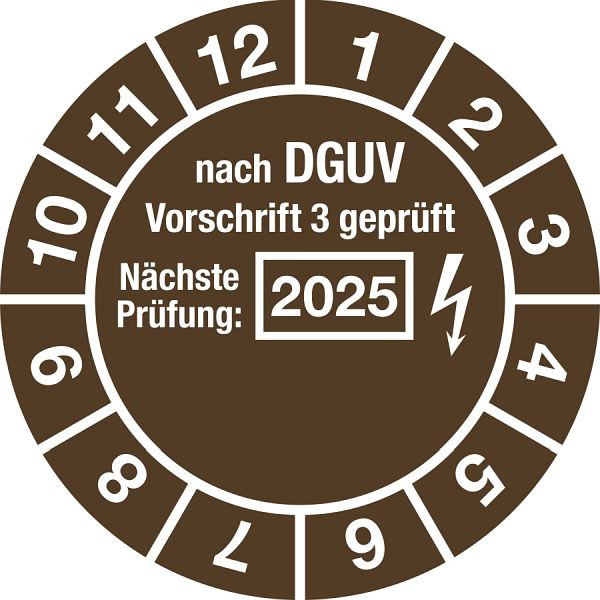 Moedel Prüfplakette nach DGUV, Nächste Prüfung, 2025, Folie, Ø 30 mm, VE: 10 Stück/Bogen, 104105