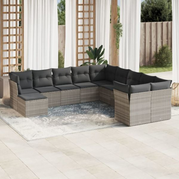 vidaXL 11-tlg. Garten-Sofagarnitur mit Kissen Hellgrau Poly Rattan, 3250451