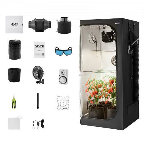 VEVOR Growzelt 80x80x180 cm, Indoor, mit LED-Zuchtlicht & Belüftung, 600D Mylar, Gewächshaus für Blumen & Gemüse, ZPTZ8080180C1KNYR001V2