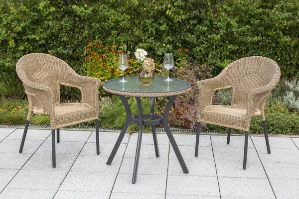 Merxx Ravenna Set 3-teilig, 2 Stapelsessel, 1 Tisch Ø 70 cm, matte Glasplatte, graphit/natur, Aluminiumgestell mit Kunststoffgeflecht, 50399-211
