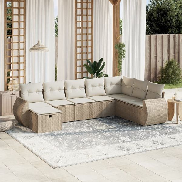 vidaXL 8-teilig Garten-Sofagarnitur mit Kissen Beige Poly Rattan, 3264204