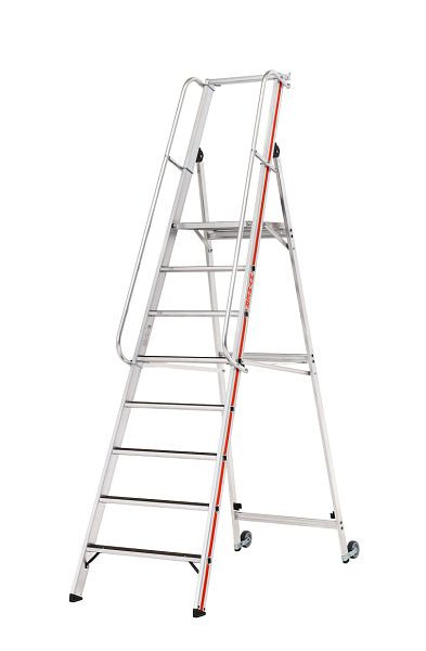 HYMER Plattformleiter R13 mit Kipprollen und langem Handlauf, 8 Stufen, Standhöhe 1,85 m, 868108