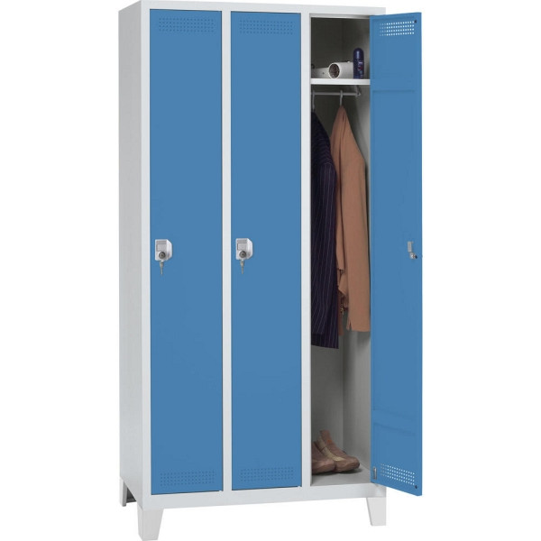 Deskin Garderoben-Stahlspind SP PROFI SYSTEM mit Füßen, 3 Abteile 300 mm, Zylinder, Lichtgrau/lichtblau, H 1800 x B 870 x T 500 mm, 225818