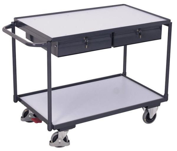 VARIOfit ESD Tischwagen mit 2 Ladeflächen und 2 Schubladen, Außenmaße: 1.175 x 625 x 850 mm, RAL 7024 graphitgrau, sw-600.939