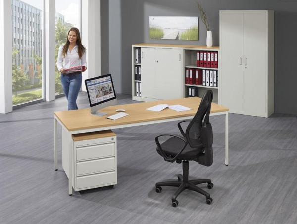 Deskin Schreibtisch BASE L mit Rollcontainer, 1 x Schreibtisch, B 1800 x T 800 x H 720 mm, Gestell: Lichtgrau RAL 7035, Dekor: Buchedekor, T 800 mm, 274098