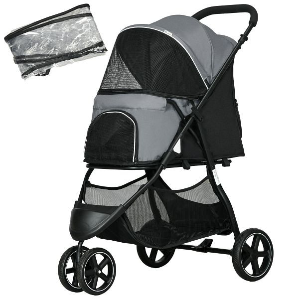 PawHut Hundebuggy Haustierwagen bis 10kg klappbar Regenschutz 2 Sicherheitsleinen 83cm x 55cm x 101cm Grau + Schwarz, D00-189V01GY