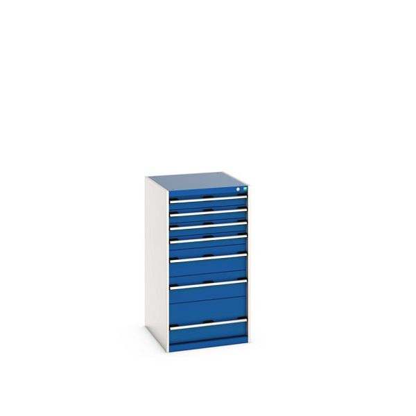 bott cubio Schubladenschrank bestückt, mit 7 Schubladen, BxTxH: 650x750x1200mm, RAL 7035/5010, Enzianblau, 40027037.11V