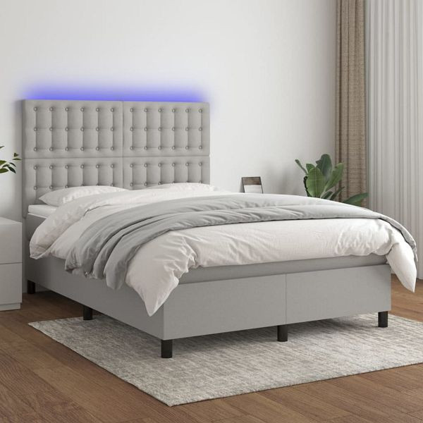 vidaXL Boxspringbett mit Matratze & LED Hellgrau 140x200 cm Stoff, 3135197