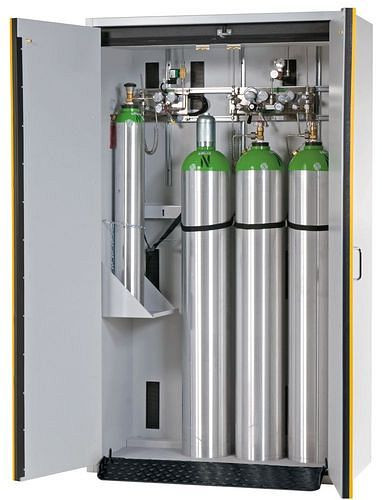 asecos Gasflaschenschrank feuerbeständig G30, 4x50 l Flaschen, B 1200 mm, 2-flügelige Tür, grau/gelb, 144521