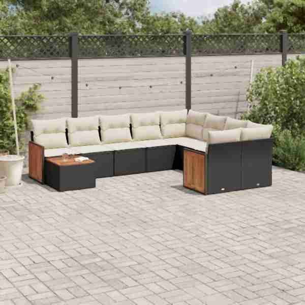 vidaXL 10-tlg. Garten-Sofagarnitur mit Kissen Schwarz Poly Rattan, UV-beständig, 3260397
