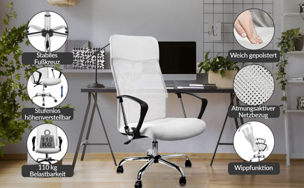 casaria Bürostuhl Deluxe Weiß mit Netz, ergonomisch geformt, 100944