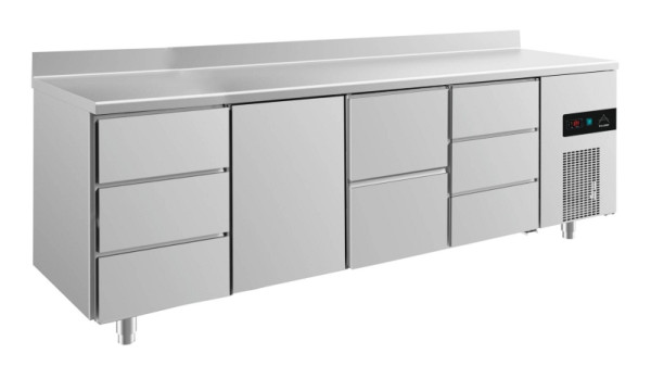 A&S Polarny Kühltisch -2 bis +8°C mit Tür mittig-links, zwei Schubladen mittig-rechts und 2x drei Schubladen, 2330 x 700 x 850 mm, mit Aufkantung, KT4DTZDA