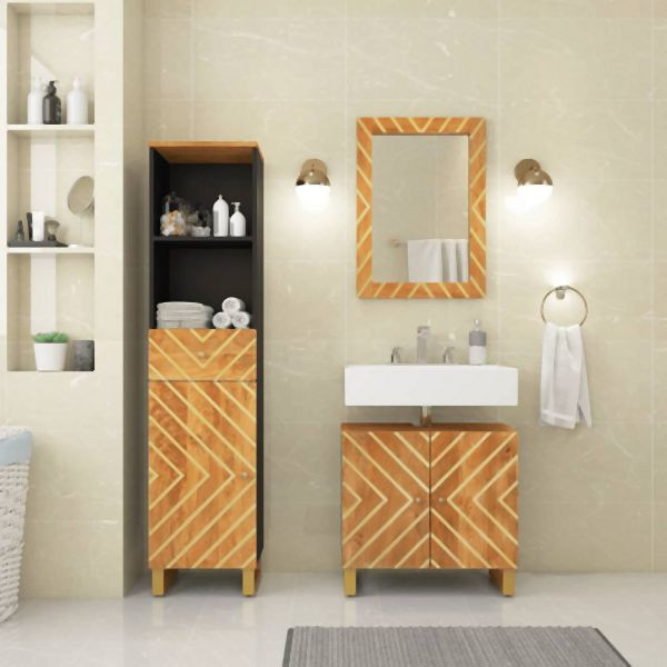 vidaXL 3-teilig Badschrank-Set Braun und Schwarz Massivholz Mango, 3206290
