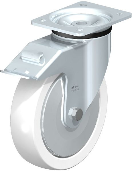 Blickle LK-SPO 200K-FI-FA Stahlblech-Lenkrolle, schwere Ausführung, mit Anschraubplatte & Feststeller, Polyamid, Weiß, 750548