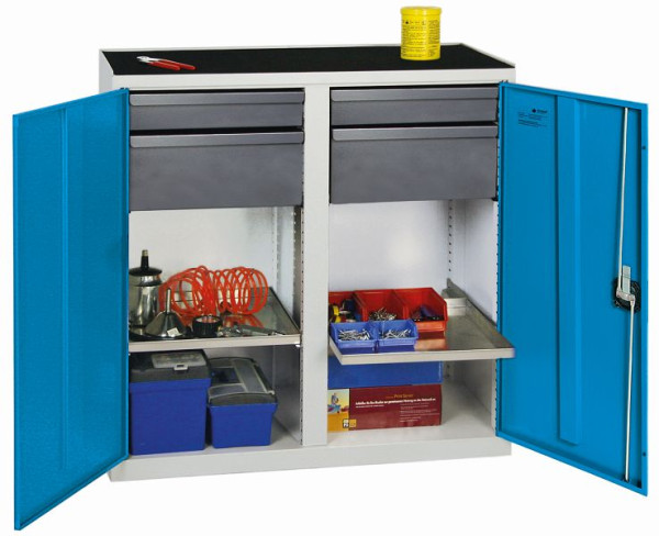 stumpf Werkzeugschrank, Höhe 100 cm, mit 2 Abteilen, 2 ausziehbare Wannenböden, 2 Schubladen, 2 hohe Schubladen, lichtgrau / lichtblau, 3002378