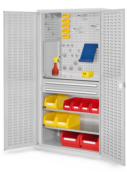 Kappes RasterPlan Schubladenschrank, Modell 21, RAL 7035, Türinnenseite: Schlitzplatten, 1950 x 1000 x 600 mm, 2 Schubladen H 100 mm, 1460.01.4013