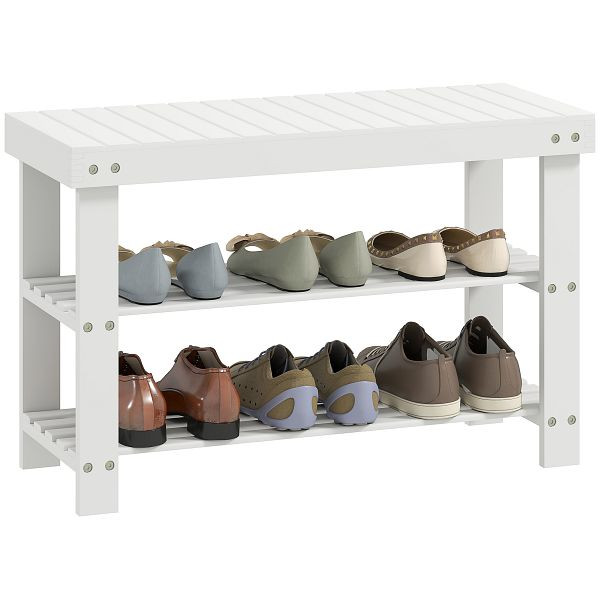 HOMCOM Schuhbank Bambus mit 2 Ablagen, Sitzbank mit Stauraum, für Flur, 70x28x45 cm, Weiß, 837-320V00WT