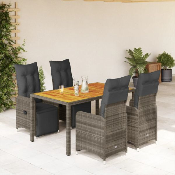vidaXL 5-tlg. Garten-Bistro-Set mit Kissen Grau Poly Rattan, 3277159
