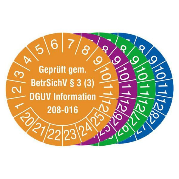 Stein HGS Prüfplaketten mit Jahresfarbe (6 Jahre), 2022-2027 / grün, Modell: Geprüft gemäß BetrSichV ... DGUV Information 208-016, Menge: 500er-Rolle, 31.c2170-22