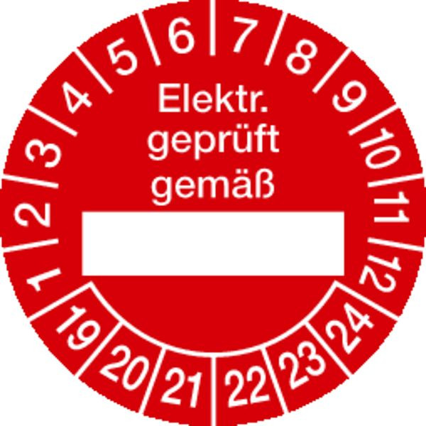 Schilder Klar Prüfetikette Elektr. geprüft gemäß ab 23 rot/weiß, 30 mm Folie selbstklebend, VE: 40 Stück, 43/63.23